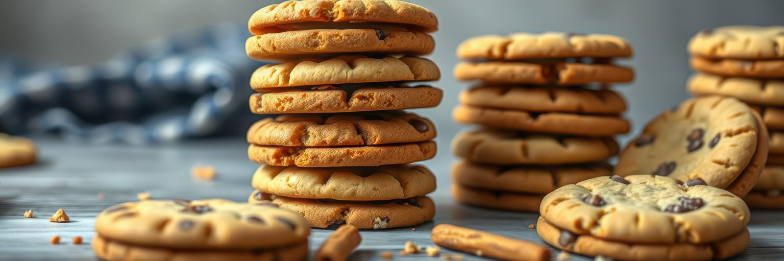 Freshly baked chocolate chip cookies stacked on a wooden table in a cozy kitchen setting